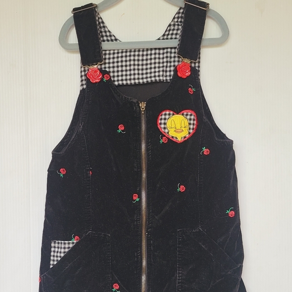 VINTAGE Tweety bird black velvet zip overall dress - Picture 2 of 11